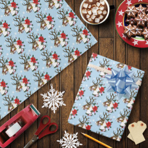 Festive Blue Christmas Reindeer Wreath Wrapping Paper