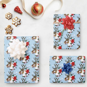 Festive Blue Christmas Reindeer Wreath Wrapping Paper Sheet