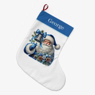 Festive blue Christmas Santa add name Large Christmas Stocking