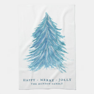 Festive Blue Christmas Tree Watercolor Holiday Tea Towel