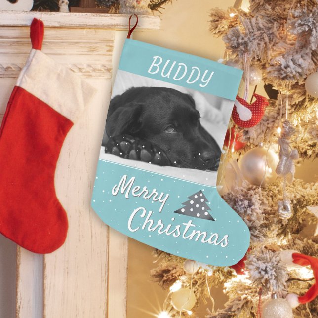 Festive Blue Dog Pet Name and Photo  Large Christmas Stocking (Creator Uploaded)
