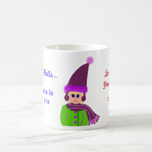 Festive Blue-eyed Girl with Plum Hat & Green Coat Coffee Mug
