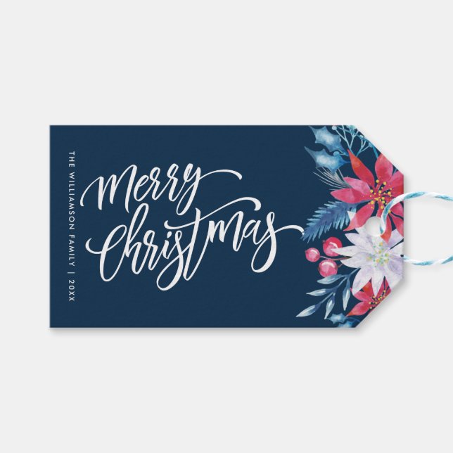 Festive blue floral christmas gift tag (Front (Horizontal))