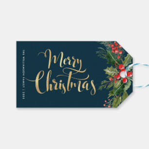Festive blue floral christmas gift tag