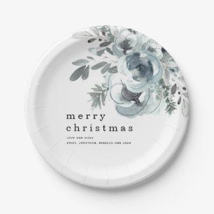 Festive Blue Florals Foliage Names Merry Christmas Paper Plate