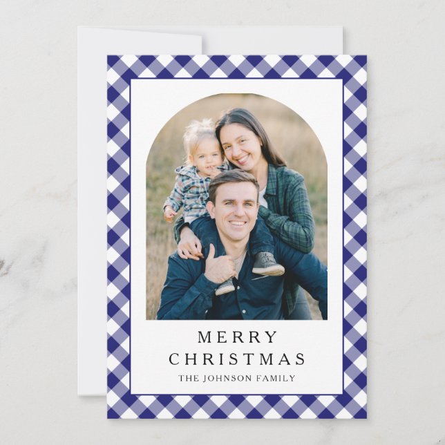 Festive Blue Gingham Photo Christmas Holiday Card (Front)