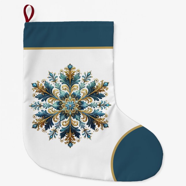 Festive blue gold snowflake add name large christmas stocking (Front)