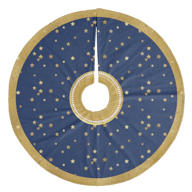 Festive Blue & Gold Stars Christmas Tree Skirt (Front)