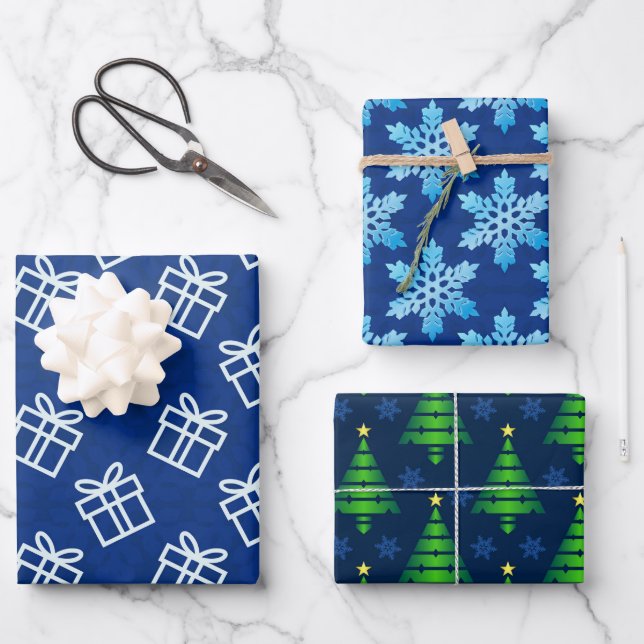 Festive Blue Green and White Modern  Wrapping Paper Sheet (Front)