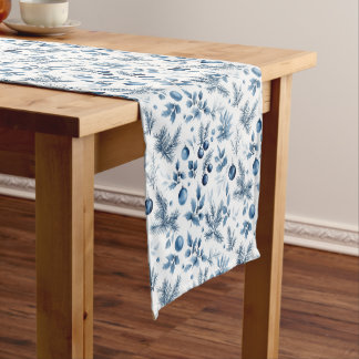 Festive Blue Holly Berries and Pine Christmas Short Table Runner