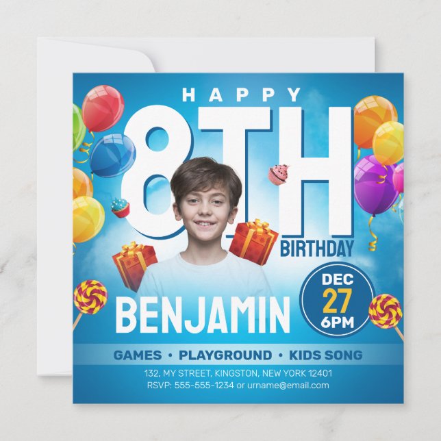 Festive Blue Kids Bithday Party Photo Invitation (Front)