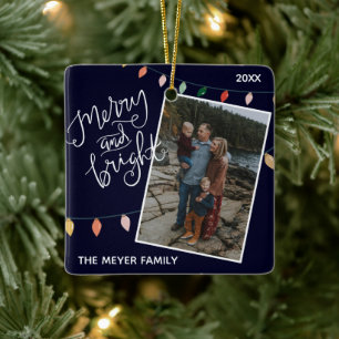 Festive Blue Merry and Bright Christmas Lights Ceramic Ornament