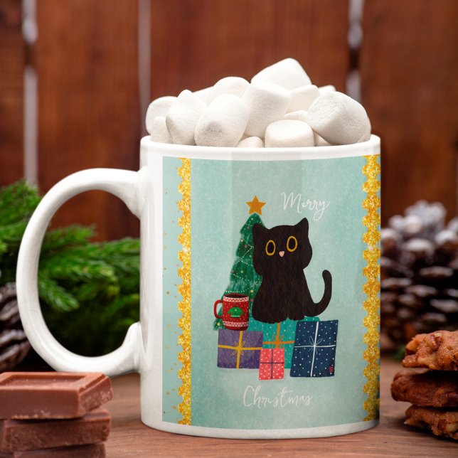 Festive Blue Merry Christmas Cute Black Cat Coffee Coffee Mug (Creator Uploaded)