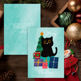 Festive Blue Merry Christmas Cute Black Cat Coffee Holiday Card