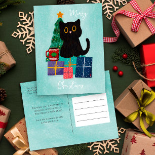 Festive Blue Merry Christmas Cute Black Cat Coffee Holiday Postcard