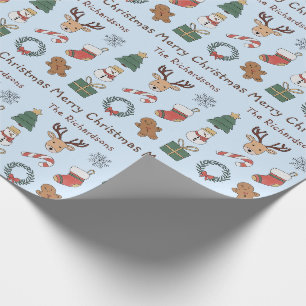 Festive Blue Merry Christmas Cute Holiday Pattern Wrapping Paper
