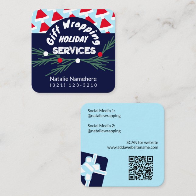 Festive Blue Modern Professional Gift Wrap Service Square Business Card (Front/Back)