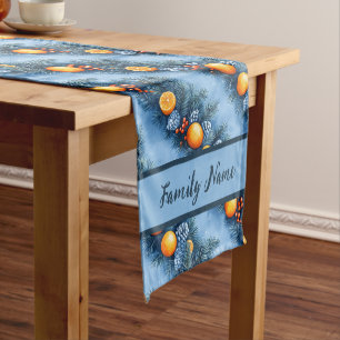 Festive Blue Oranges and Pine Garlands  Short Table Runner