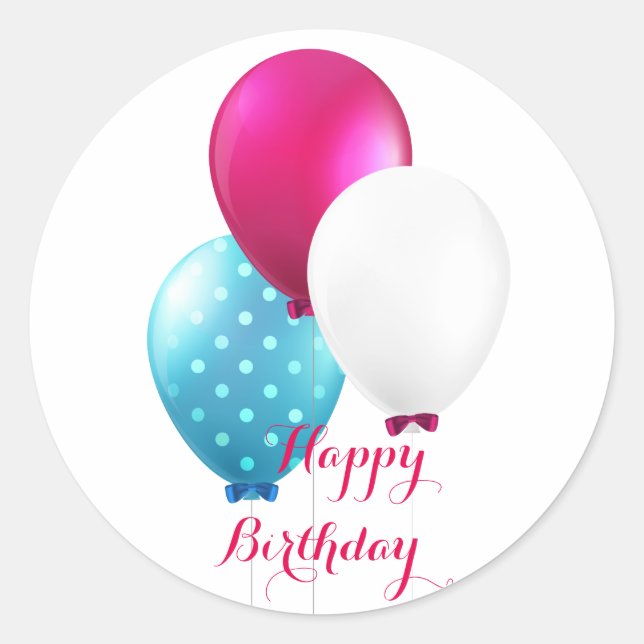 Festive Blue Pink & White Balloons Happy Birthday Classic Round Sticker (Front)