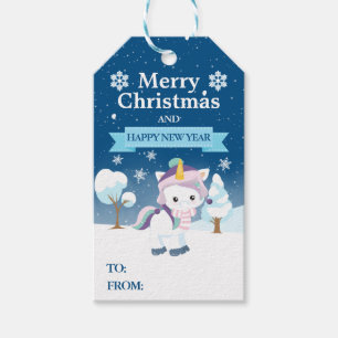 Festive Blue Purple & White Christmas Unicorn Gift Tags