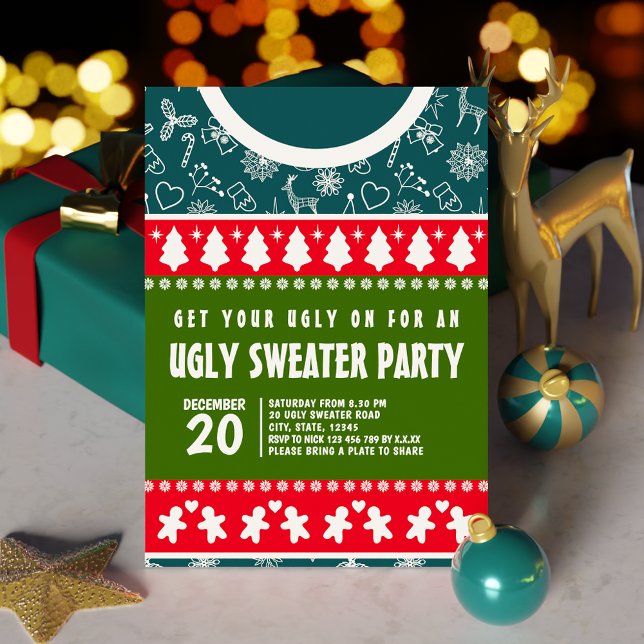 Festive Blue Red and Green Ugly Sweater Xmas Party Invitation (Festive Blue Red and Green Ugly Sweater Xmas Party Invitation)