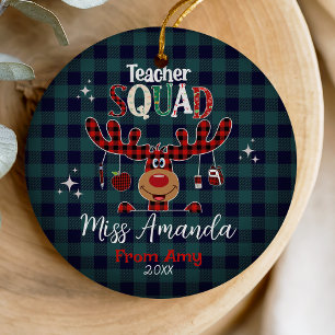 Festive Blue Red Buffalo Plaid Teacher Squad Ceramic Tree Decoration
