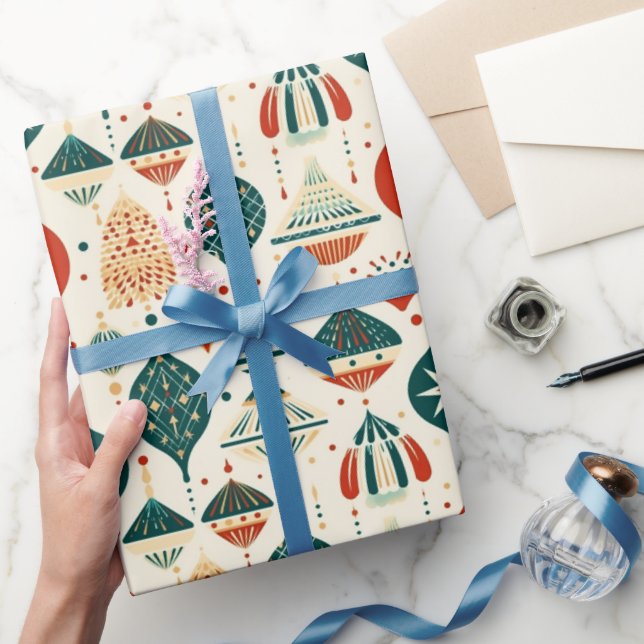 Festive Blue Red Ornaments Geometric Mid Century  Wrapping Paper (Gifting)