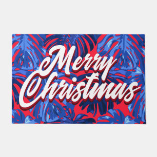 Festive Blue Red Tropical Leaves Christmas  Doormat