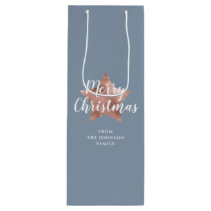 Festive Blue Rose Gold Star Merry Christmas Wine Gift Bag