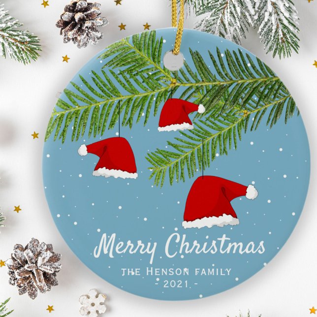 Festive Blue Santa Hat Pine Branch Merry Christmas Ceramic Tree Decoration (Creator Uploaded)