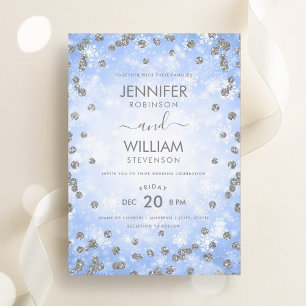 Festive Blue Silver Elegant Winter Wedding Invitation