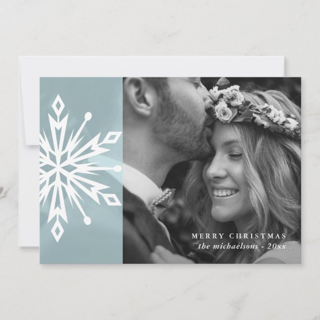 Festive Blue Snowflake Merry Christmas Photo Holiday Card (Front)