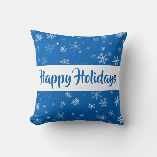 Festive Blue Snowflake Pattern Happy Holidays Cushion (Front)