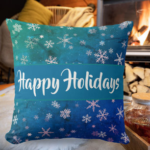 Festive Blue Snowflake Pattern Happy Holidays Thro Cushion