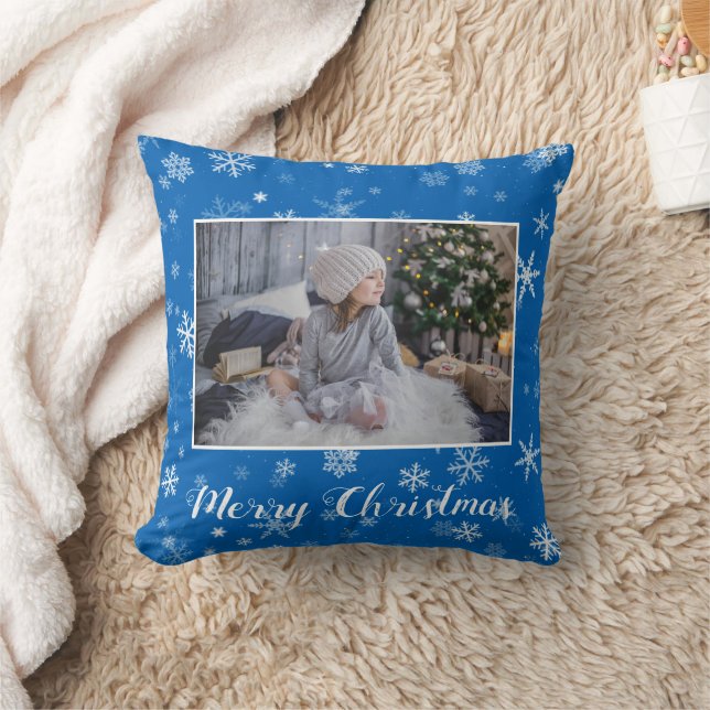 Festive Blue Snowflakes Merry Christmas 2 Photo Cushion (Blanket)