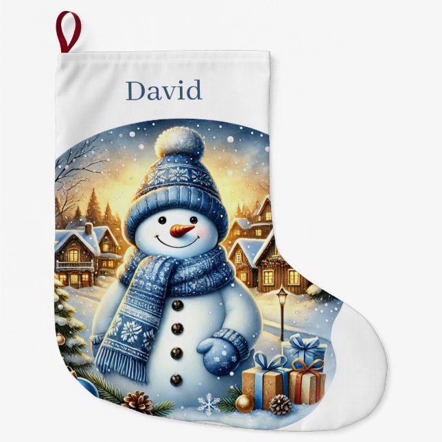 Festive blue snowman add name large christmas stocking (Front)