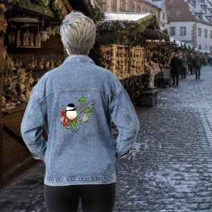 Festive Blue Vintage Christmas Chickadee Denim Jacket