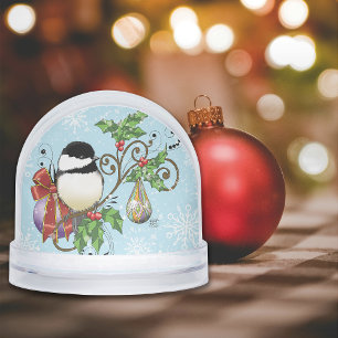 Festive Blue Vintage Christmas Chickadee Snowglobe