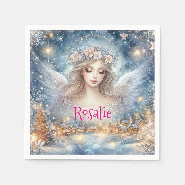 Festive Blue Watercolor Ethereal Frost Snow Angel Napkin (Front)