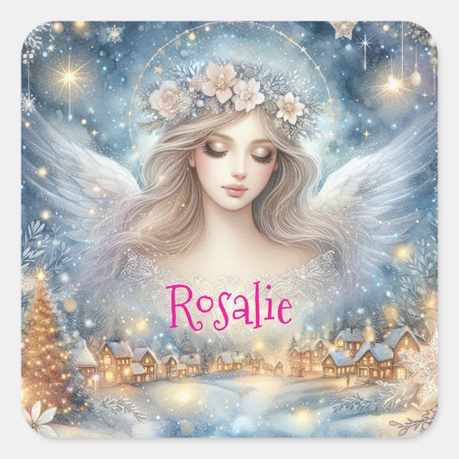 Festive Blue Watercolor Ethereal Frost Snow Angel Square Sticker (Front)