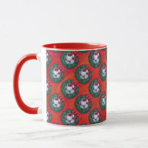 Festive Blue, White Soccer Ball Pattern on Red Mug