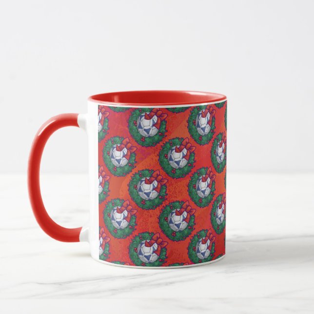 Festive Blue, White Soccer Ball Pattern on Red Mug (Left)