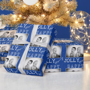 Festive Blue White Typography Christmas Photo Wrapping Paper