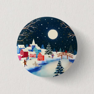 Festive Blue Winter Snow Village  3 Cm Round Badge
