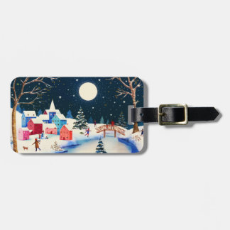 Festive Blue Winter Snow Village Luggage Tag