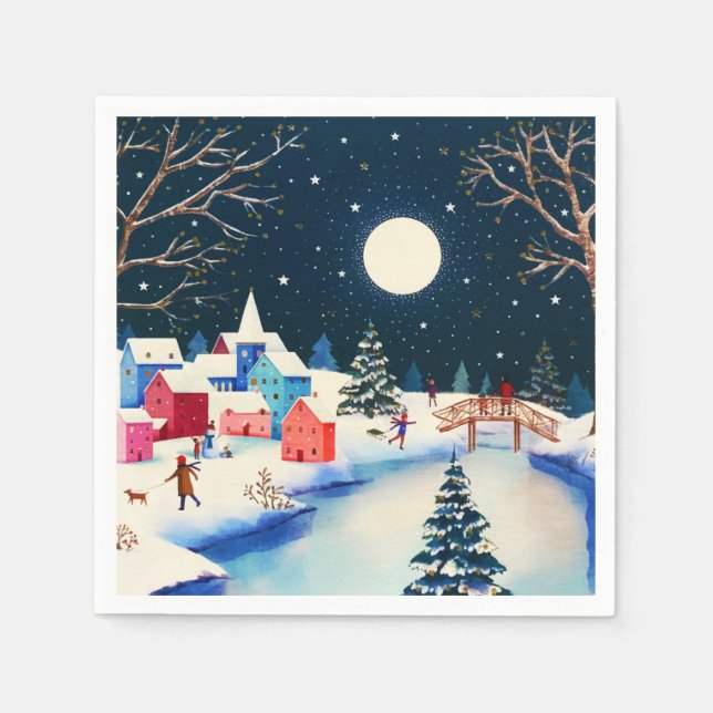 Festive Blue Winter Snow Village  Napkin (Front)