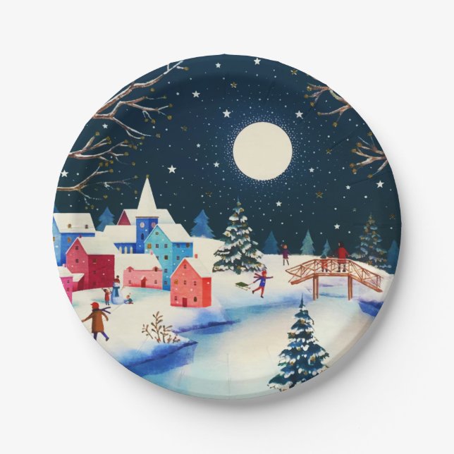 Festive Blue Winter Snow Village  Paper Plate (Front)