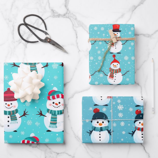 Festive Blue Winter Wonderland Snowmen Christmas Wrapping Paper Sheet (Front)