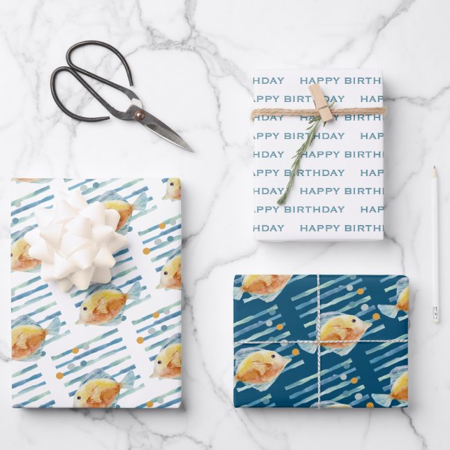 Festive Blue & Yellow Tropical Fish Coordindated Wrapping Paper Sheet (Front)