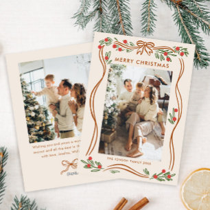 Festive Boho Beige Christmas Bow Ribbon 2 Photo Holiday Card